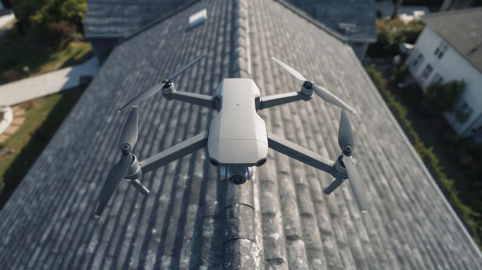 Drone flying a few feet above a roof while taking pictures for roof damage assessment